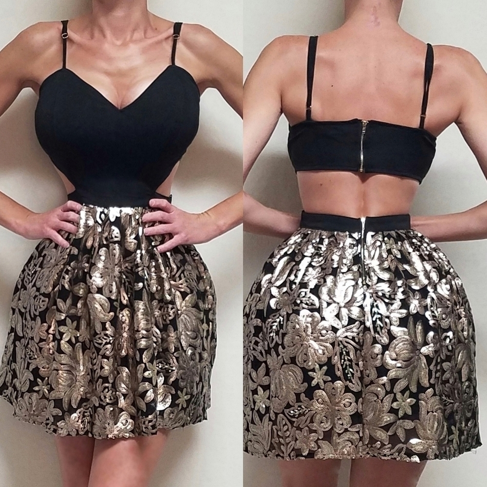 A'GACI Black Gold Floral Sequin Cut-out Peek-a-boo Side Mini Skater Dress M